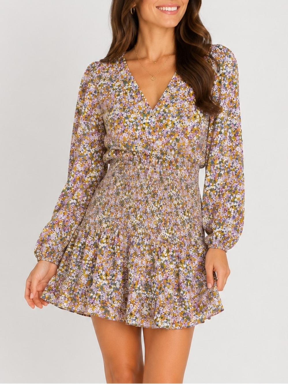 Storia Floral Smocked Waist Long Sleeve Mini Dress Size M Cottagecore Boho